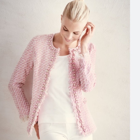 Michael Simon Pink Cream Tweed with Pearl and Gold Details Blazer Jacket size LP - Picture 17 of 17